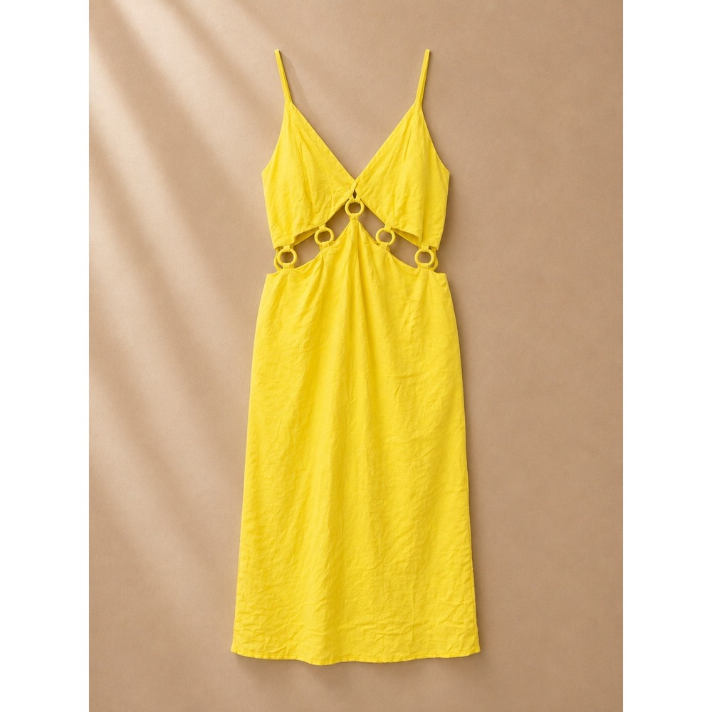 Future Collective Women Dress 2 Yellow Linen Blend Ring Cut-Out Midi Sundress - Picture 2 of 7
